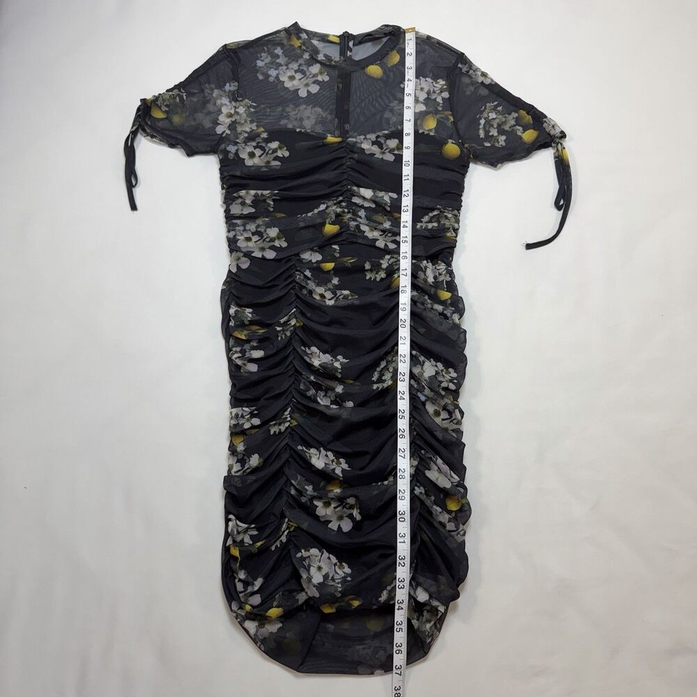 ALLSAINTS Giorgia Eugenia Mesh Ruched Mini Dress Sz 6 Black Floral Lemon Whimsy - Picture 6 of 10